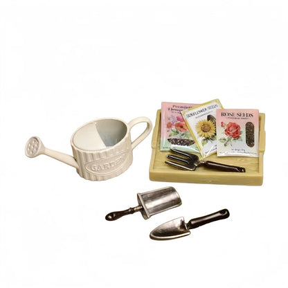 Miniature 1:12 Scale Gardening Tool & Seed Set with Watering Can | Dollhouse Fairy Garden Accessories