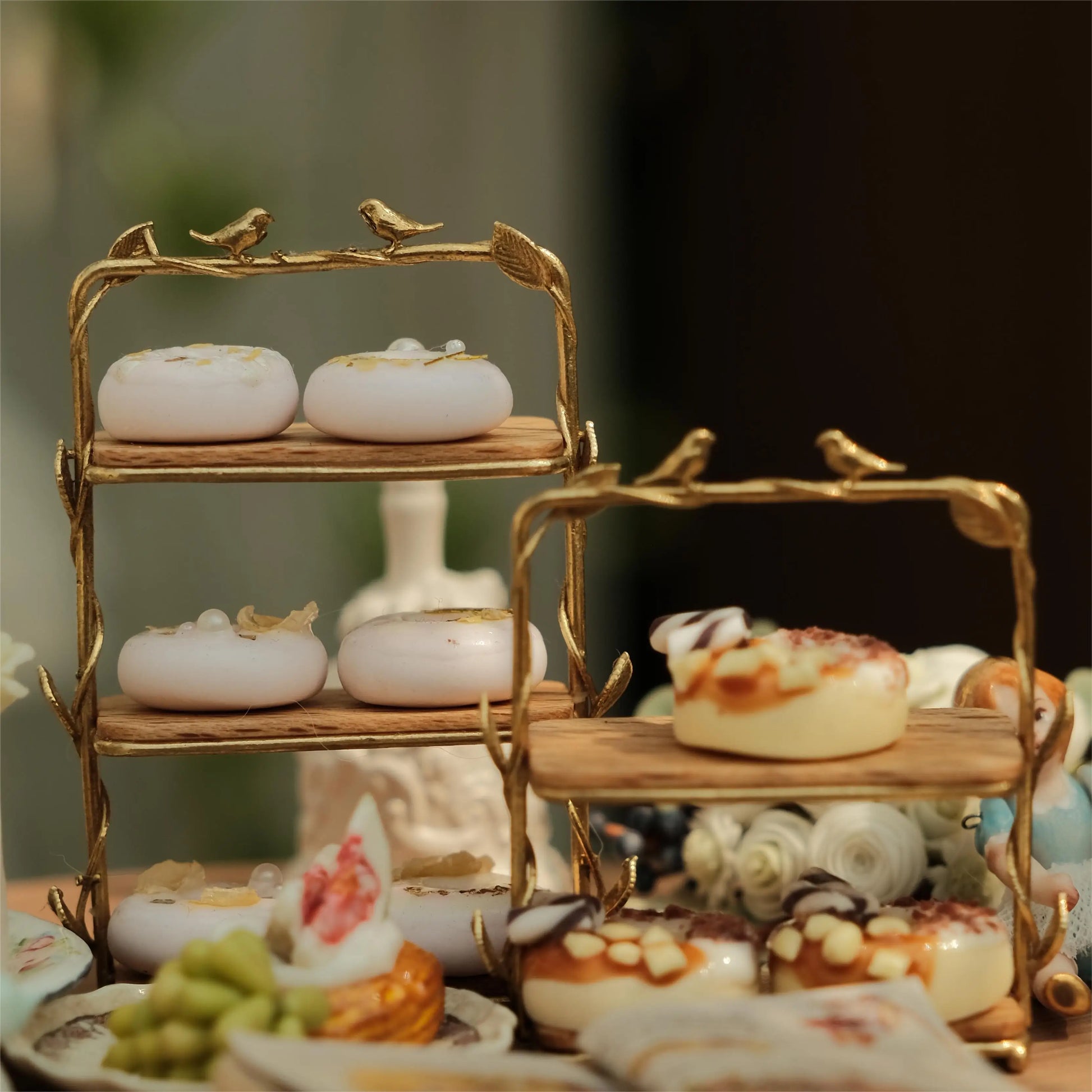 Dollhouse Furniture Accessories: Canary Dessert Rack & Miniature Kitchen Table Decor Toy for 1/6 Scale Models back piece in focus