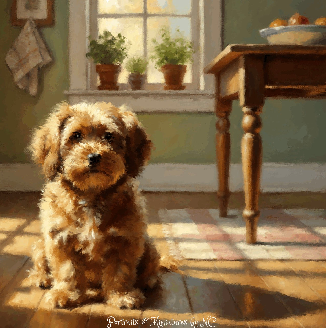 Golden Doodle Puppy Portrait - The Chef's Companion, custom pet portrait, hand-painted and digital artwork by artist Enzie Shahmiri