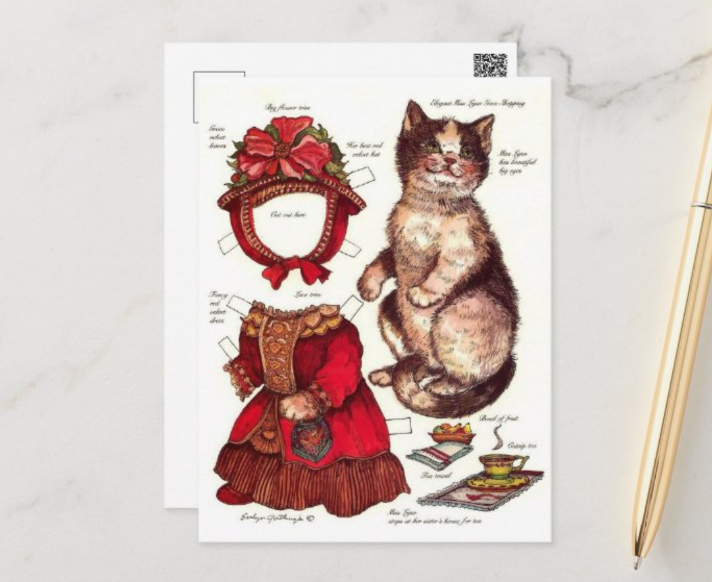 Victorian Cat Paper Doll Vintage Christmas Holiday Postcard