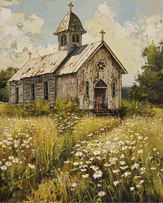 Vintage Church in a Meadow Poster