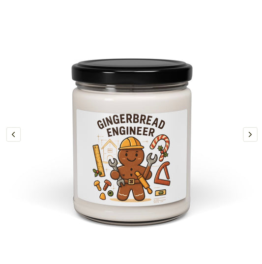 Candle jar with a gingerbread engineer design on a white background
