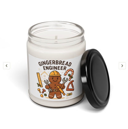 Candle jar with 'Gingerbread Engineer' design on a white background