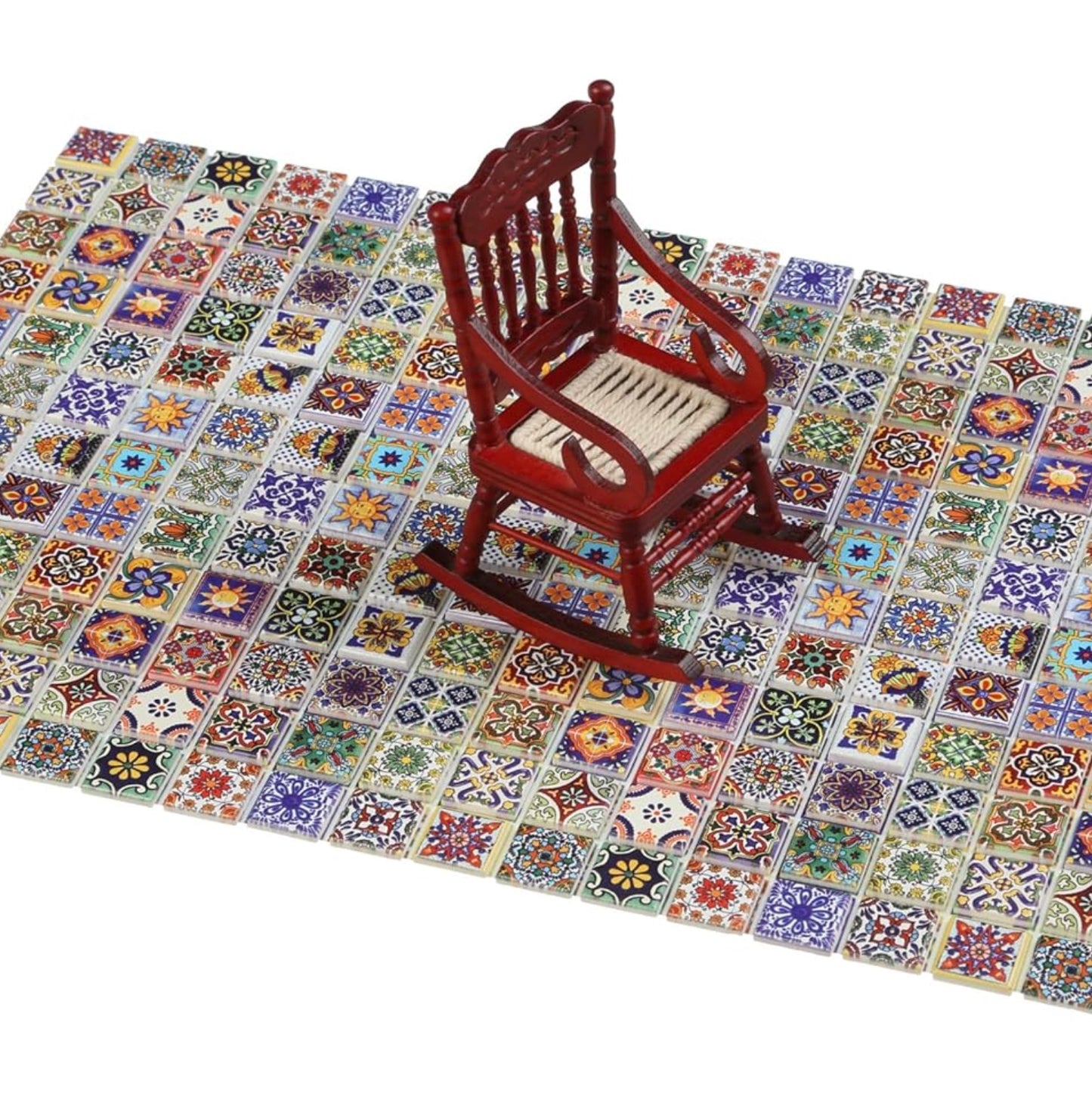 Wooden rocking chair on a colorful tile floor