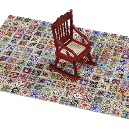 Wooden rocking chair on a colorful tile floor