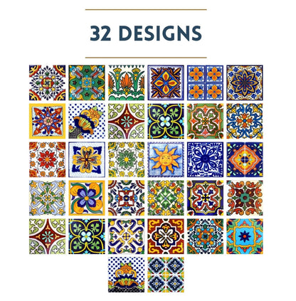 Collection of 32 colorful dollhouse tile designs on a white background