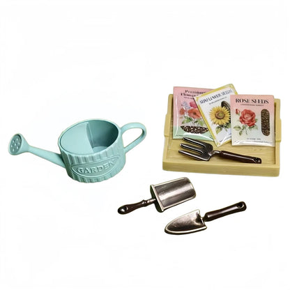 Miniature 1:12 Scale Gardening Tool & Seed Set with Watering Can | Dollhouse Fairy Garden Accessories