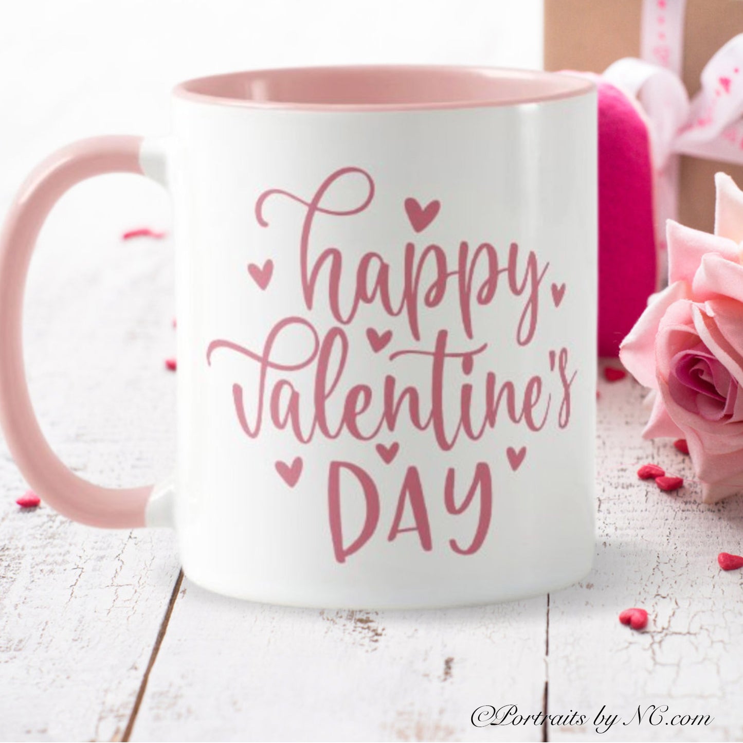 Happy Valentine's Day Pink Hearts Mug - Two-Tone Coffee Mug  11oz