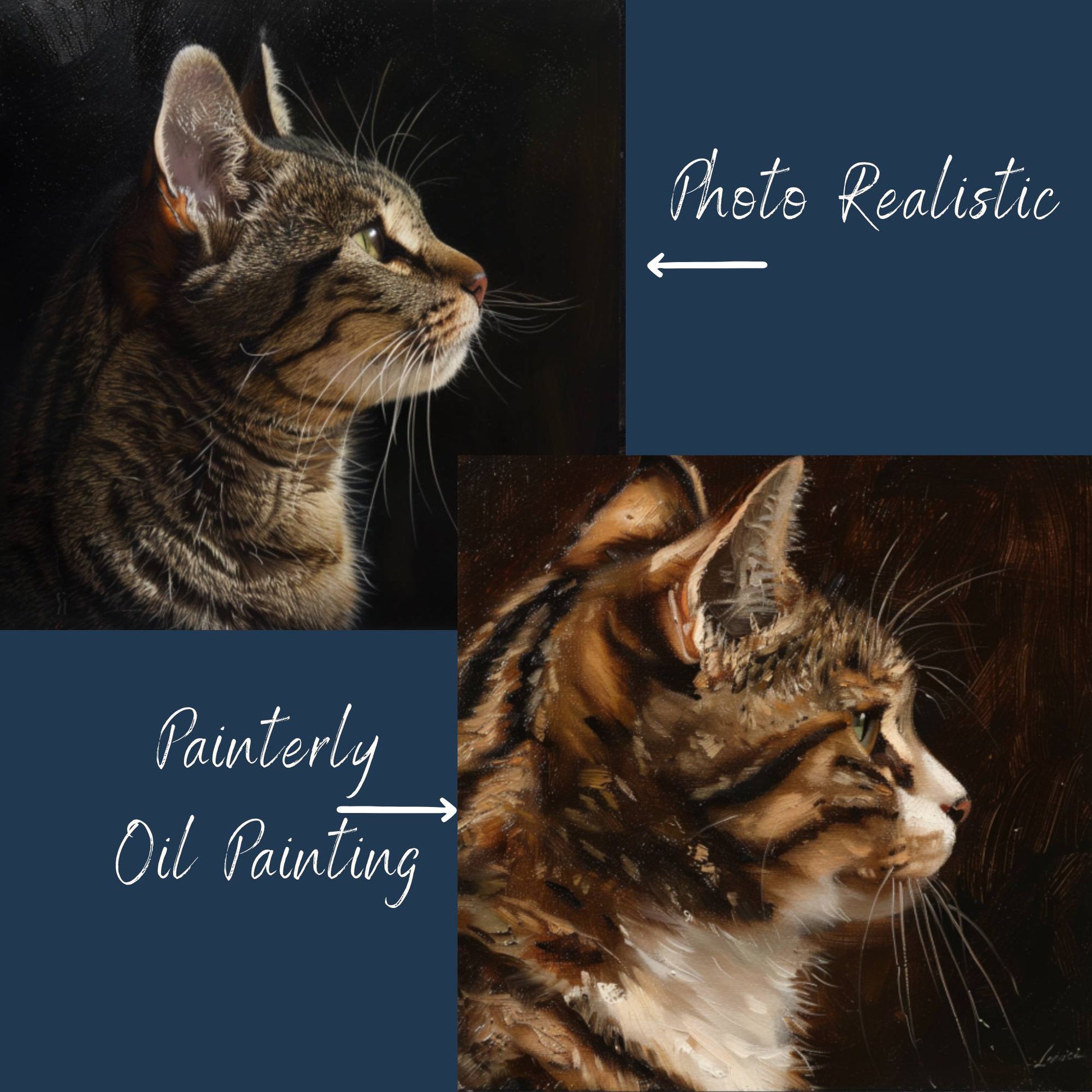 Cat portrait photo realisits versus painterly