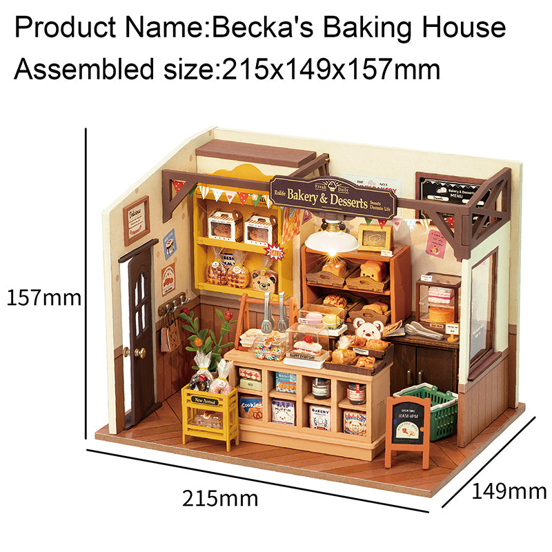 Robotime Rolife Becka's Baking House DIY Miniature House For Kids Children 3D Wooden Assembly Toys Easy Connection Home Decorate size