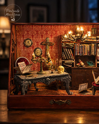 A detailed miniature diorama of a gothic study, featuring a small wooden cabinet with intricate miniature furniture, books, candles, and a skull, displayed on a wooden surface.