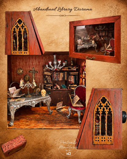 A miniature diorama model of an abandoned library, featuring a detailed room scene with bookshelves, a desk, and a red velvet chair, framed by two Gothic-style wooden doors. The image has a textured parchment background with the title 'Abandoned Library Diorama' at the top and 'Portraits Miniatures by Dr.