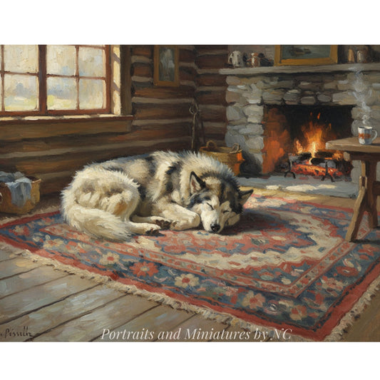 Painting of an Alaskan Malmut  lying on a rug in a cozy room with a fireplace.