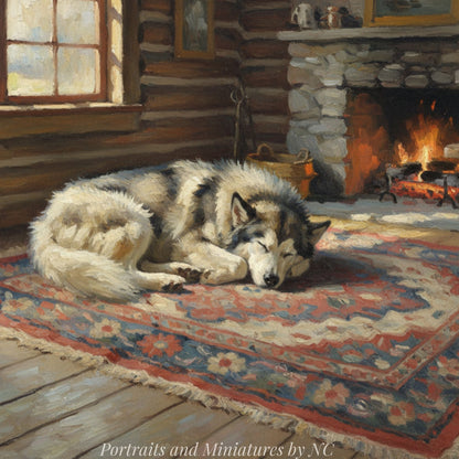 Alaskan Malmut Dog sleeping on a rug in a cozy room with a fireplace