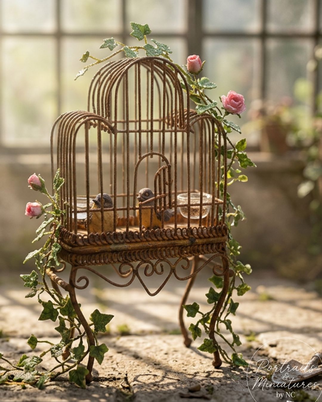 Heritage 1:12 Scale Standing "Aged Iron" Birdcage – Rustic Garden Collection