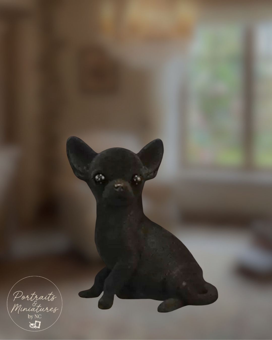 A small black Chihuahua dog figurine with large ears and glossy eyes, posed sitting against a softly blurred indoor background. A circular 'Portraits Miniatures by NC watermark appears in the lower left.