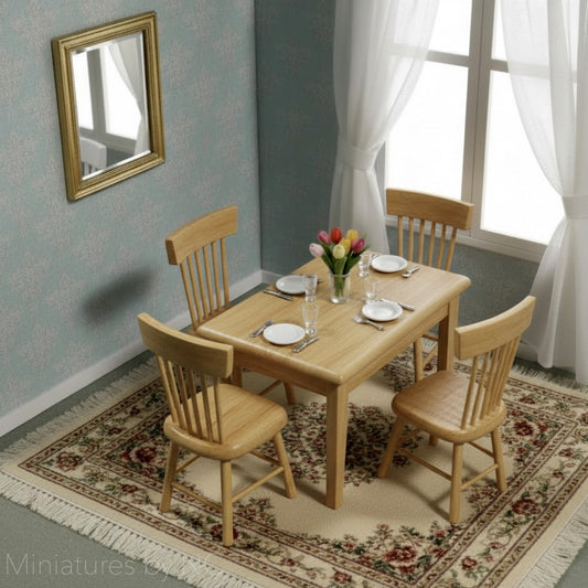 Dollhouse Dining set with table and chairs in a room with a mirror and window.