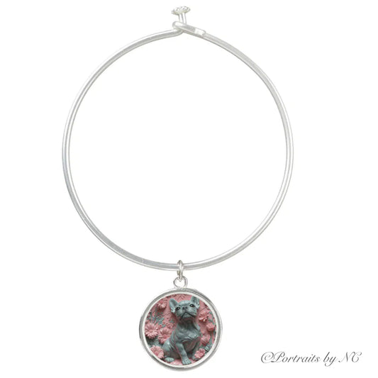 Bangle Bracelet With Round Boxer Puppy Charm - Plated Sterling Silver