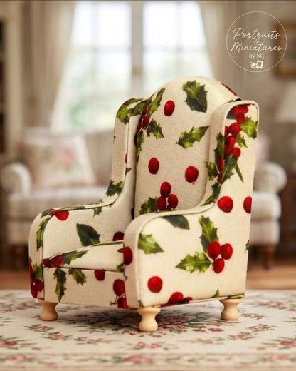 1/12 Scale Miniature Armchair Sofa Model – Vintage Floral Fabric Dollhouse Living Room Single Chair with Wooden Frame