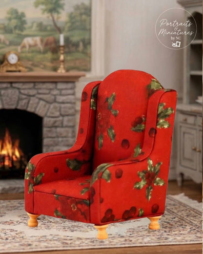 1/12 Scale Miniature Armchair Sofa Model – Vintage Floral Fabric Dollhouse Living Room Single Chair with Wooden Frame