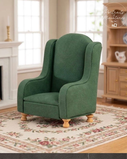 1/12 Scale Miniature Armchair Sofa Model – Vintage Floral Fabric Dollhouse Living Room Single Chair with Wooden Frame