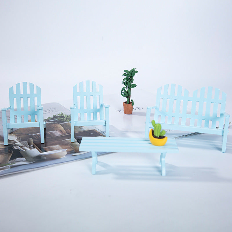 Dollhouse Park Table And Chairs  blue set with plants