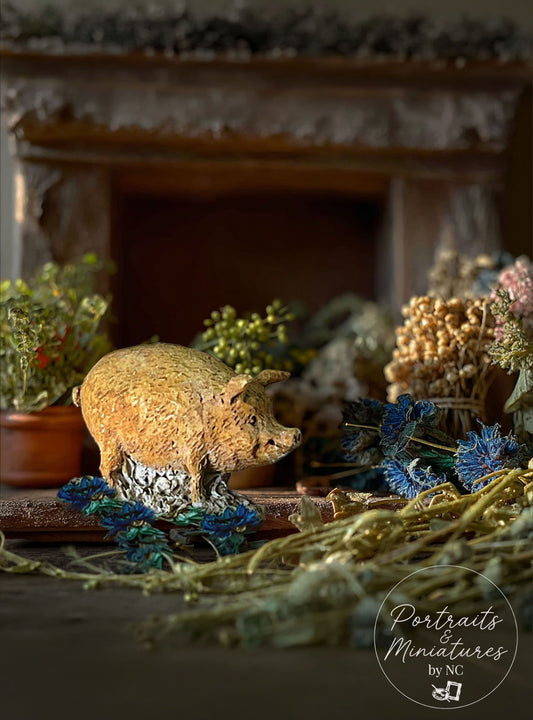 Hand-Sculpted Miniature Farmhouse Pig – 1:12 Scale Dollhouse Decor