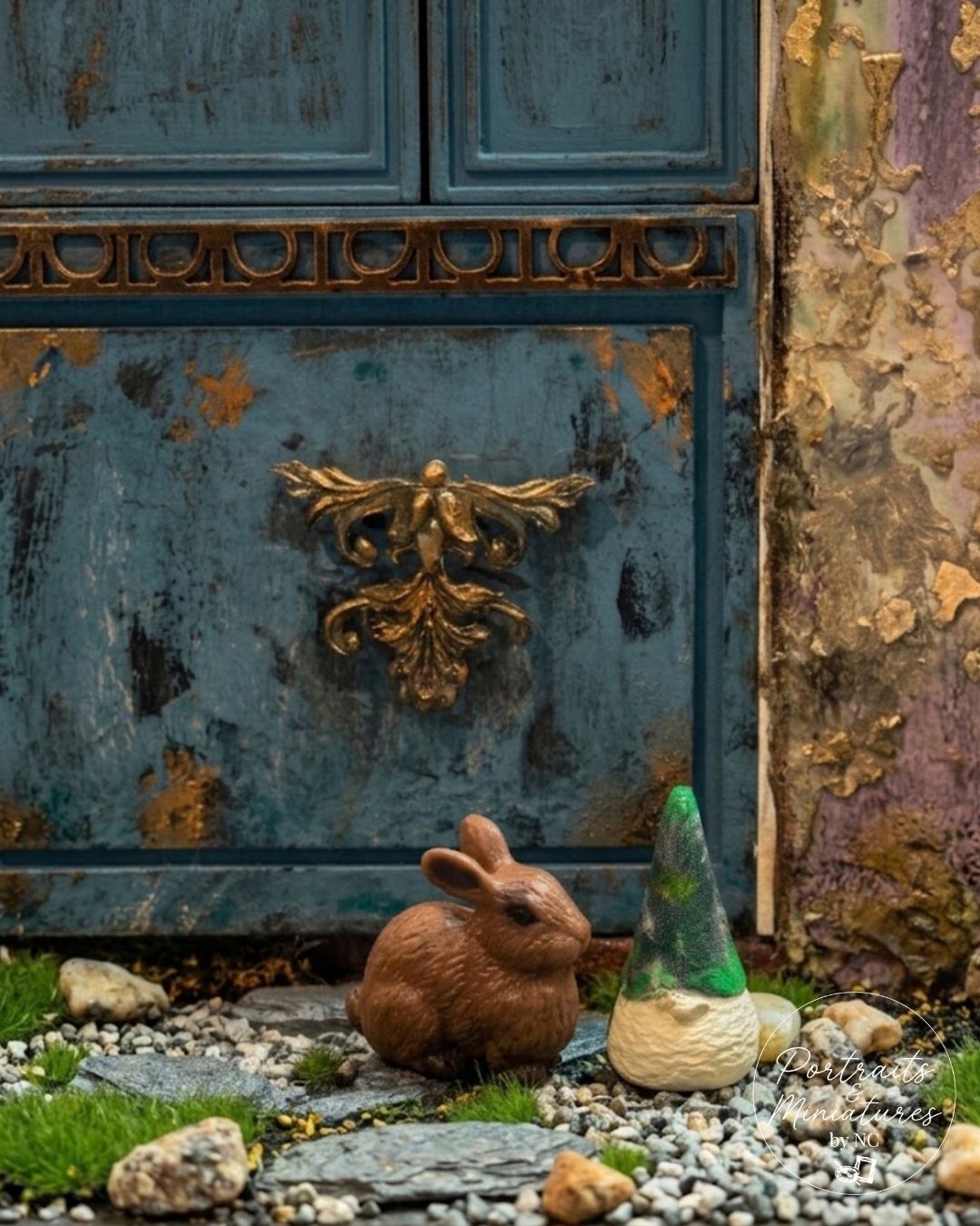 A rustic decorative scene featuring a small brown rabbit figurine and a green-and-white gnome statue placed in front of a distressed blue wooden door with gold hardware, on a gravel surface with moss and stones.
