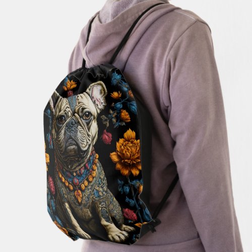 Mexican Folk Art Bulldog Drawstring Bag on model