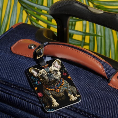 Mexican Folk Art Bulldog Luggage Tag on suitcase