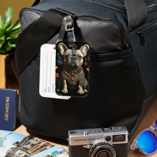 Mexican Folk Art Bulldog Luggage Tag on bag