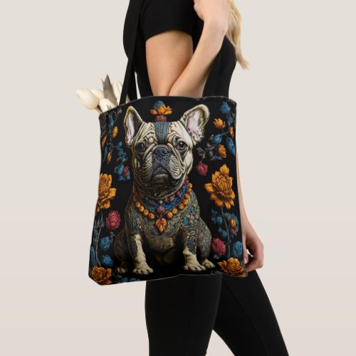 Mexican Folk Art Bulldog Shoulder Tote Bag over shoulder
