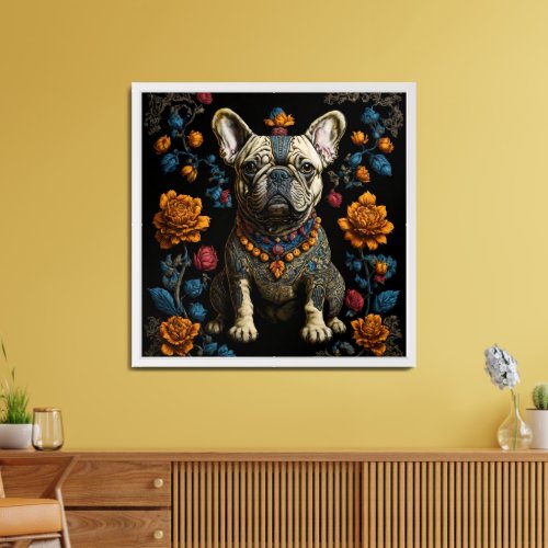 Mexican Folk Art French Bulldog Poster Print on yellow wall