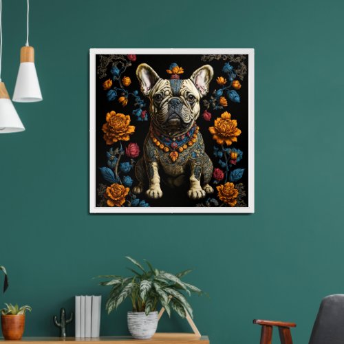 Mexican Folk Art French Bulldog Poster Print on green wall