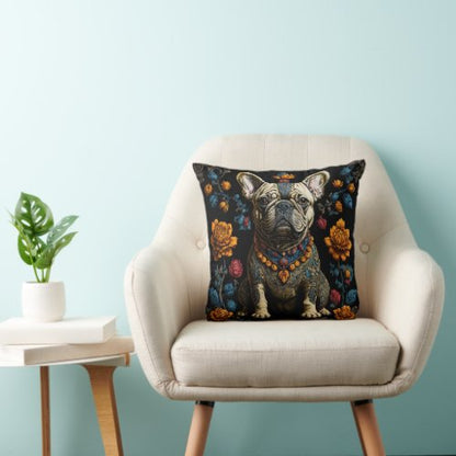 Mexican Folk Art French Bulldog Pillow 16"x16" on chair