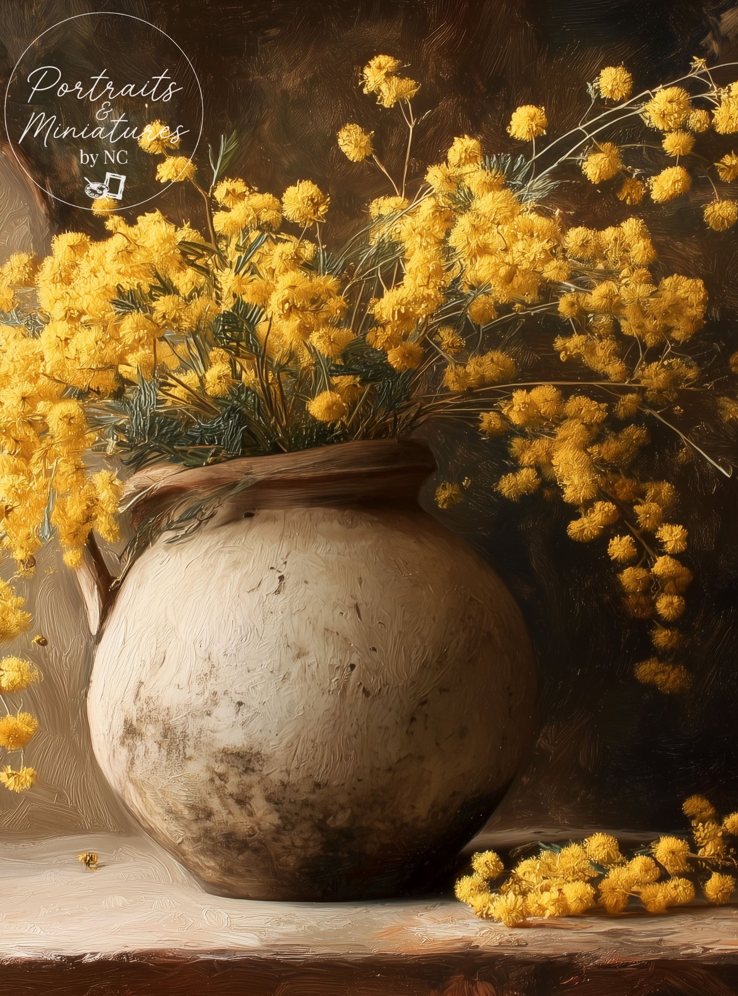 Mimosa Still Life Canvas Print — Rustic Vase Wall Art