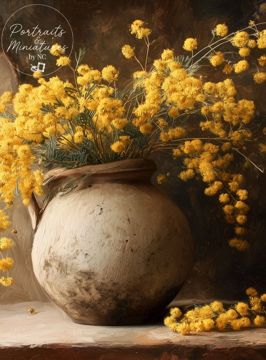 Mimosa Still Life Canvas Print — Rustic Vase Wall Art