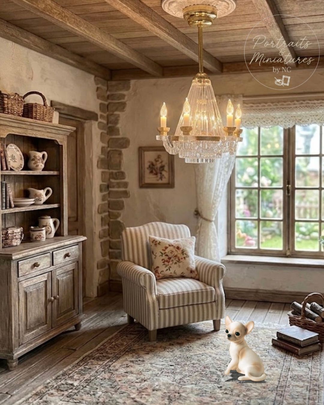 A miniature porcelain figurine of a small cream-colored puppy is placed on a patterned rug in a detailed, rustic miniature room setting with a striped armchair, wooden cabinet, and a glowing crystal chandelier.