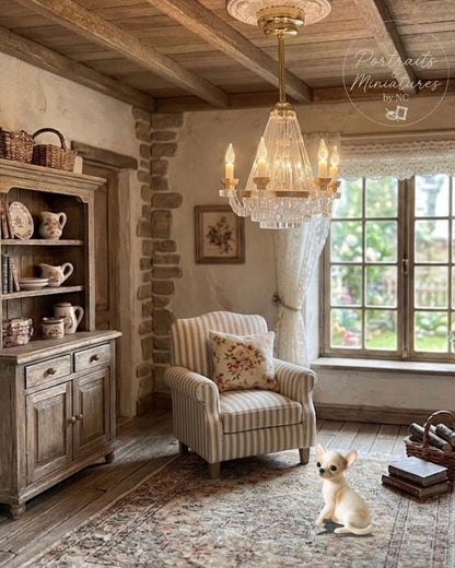 A miniature porcelain figurine of a small cream-colored puppy is placed on a patterned rug in a detailed, rustic miniature room setting with a striped armchair, wooden cabinet, and a glowing crystal chandelier.