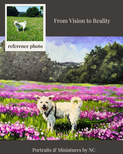 Mutt in Field of Flowers Oil Portrait | Hand Painted Dog Painting