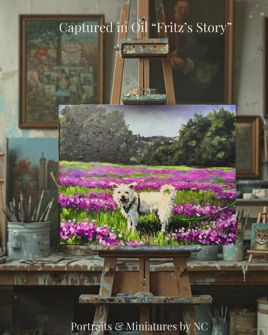Mutt in Field of Flowers Oil Portrait | Hand Painted Dog Painting