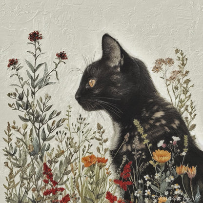 Black Cat in Flower Field Pet Portrait Oil Portraits