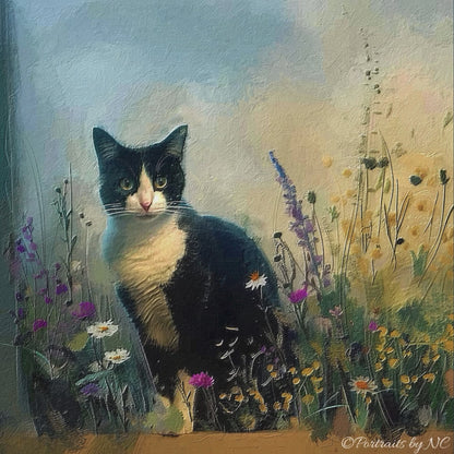 🐾 Feline Serenity Among Wildflowers - Cat Portrait Tuxedo Cat 🐾