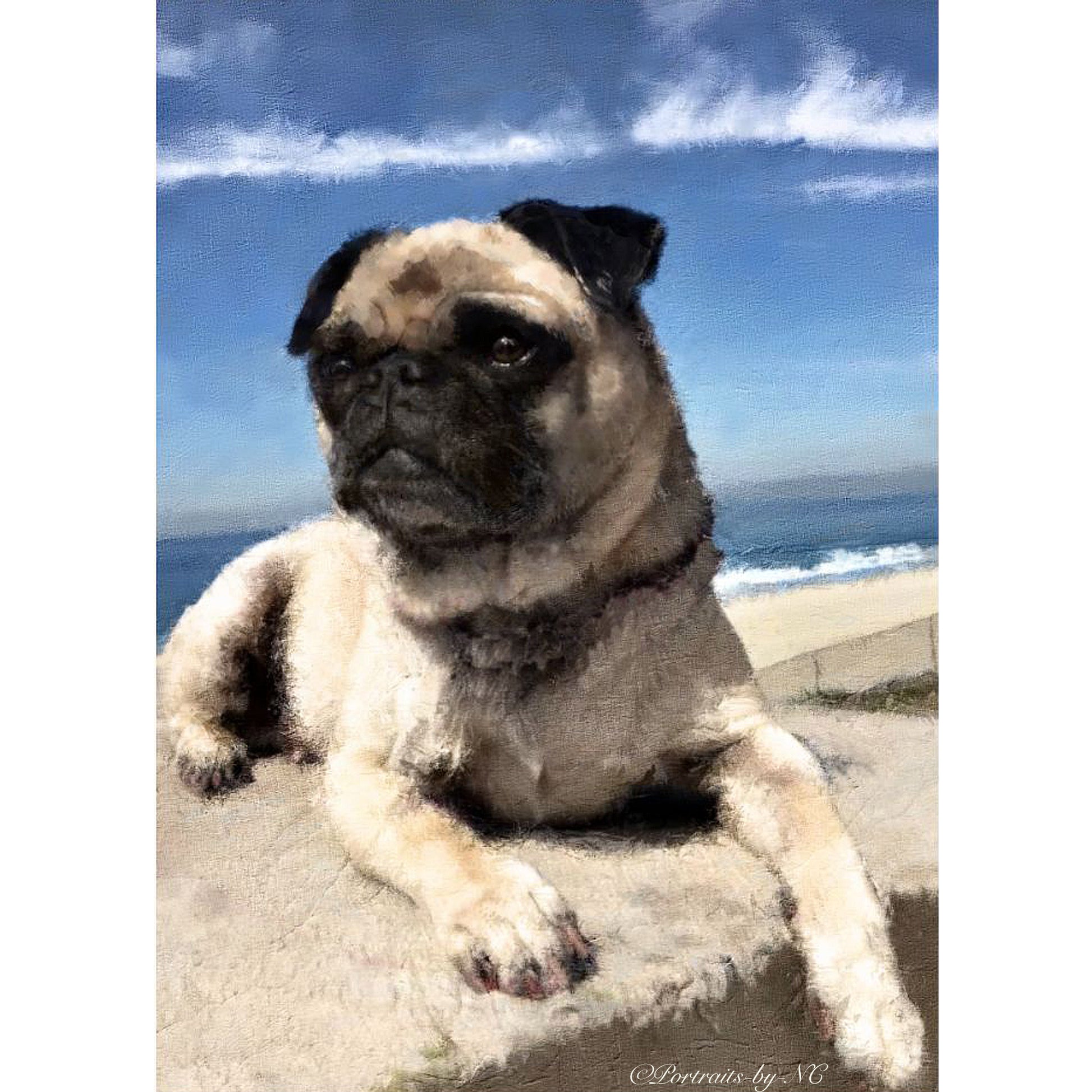 Pug by Beach - Custom Painted Dog Portrait