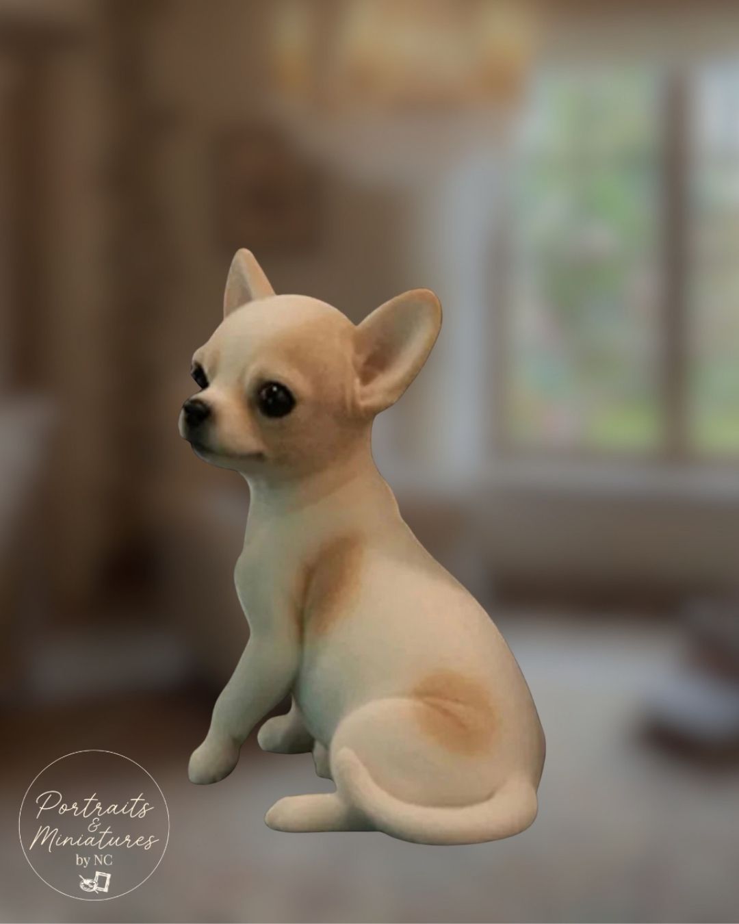 A small seated Chihuahua figurine in cream and tan tones, shown against a softly blurred indoor background. A circular 'Portraits Miniatures by NC' watermark appears in the lower left.