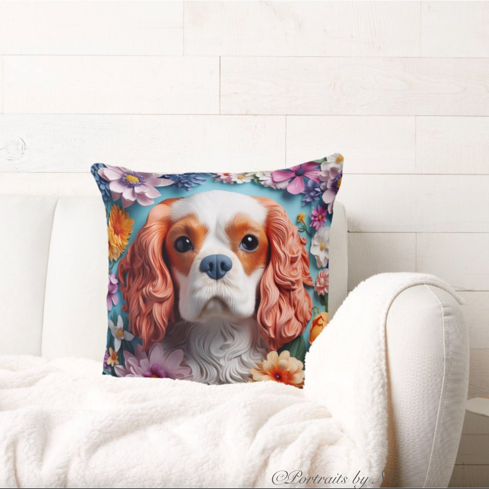 Throw Pillow in Various Sizes- King Charles Spaniel in room