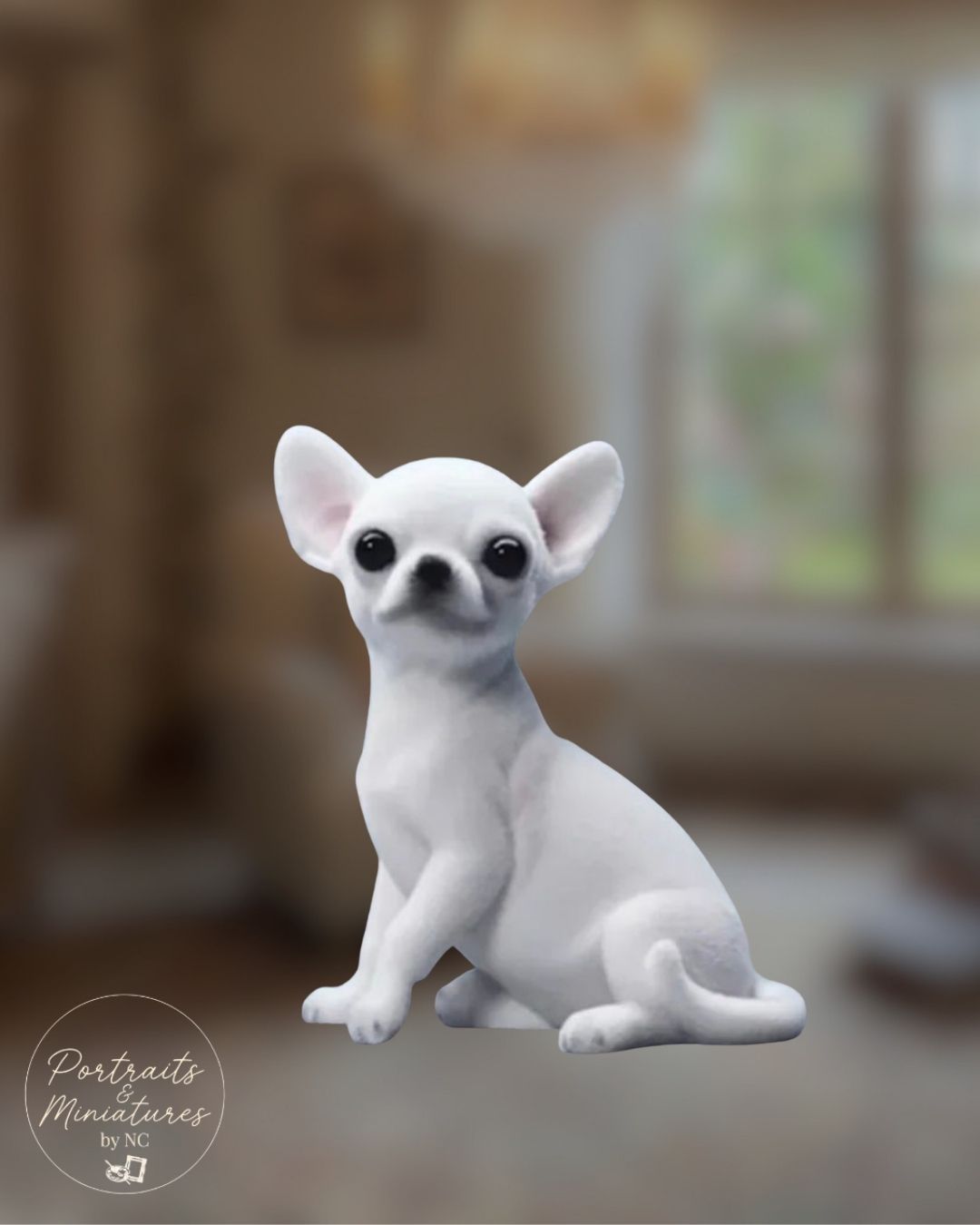 A small white Chihuahua figurine or miniature statue shown against a softly blurred indoor background. The figurine is seated and facing forward, with large dark eyes and pinkish ears.