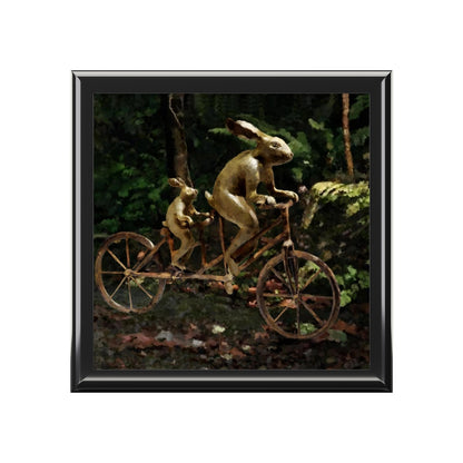 Jewelry/Keepsake Box - Rabbits on Tandem Bicycle - Lacquered Box  Black