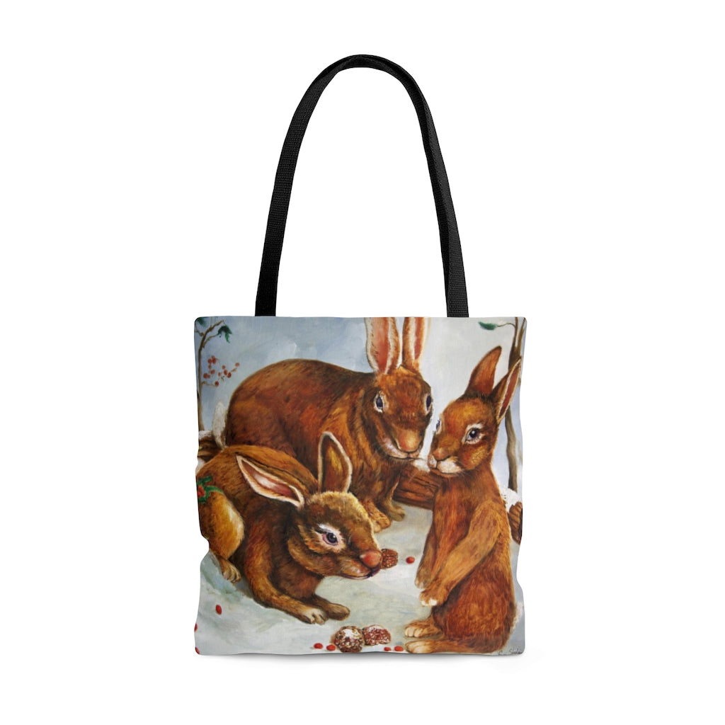 Tote Bag - Rabbits in Snow Design small front