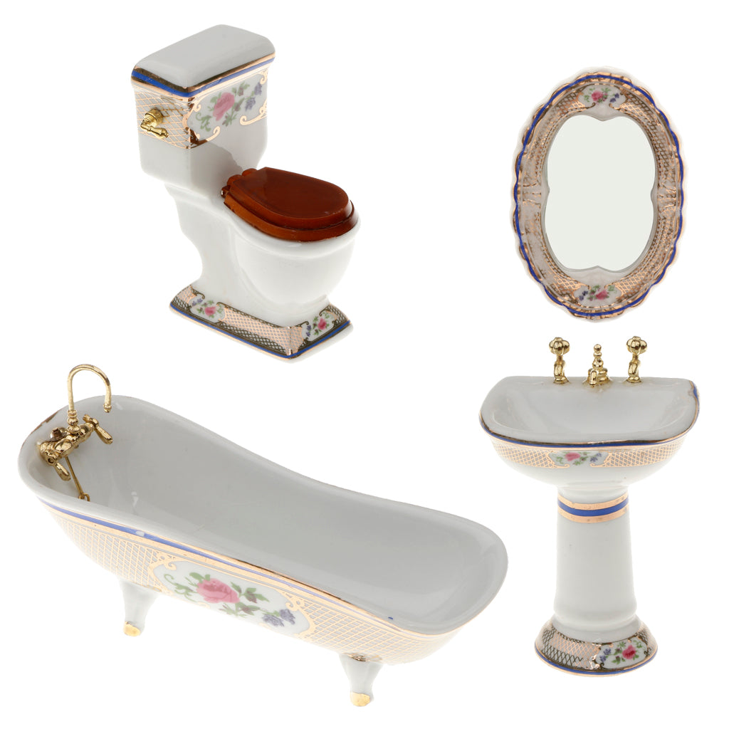 Gold and Floral Design Miniature Bathroom 4 PC Set for 1/12 Scale Dollhouse